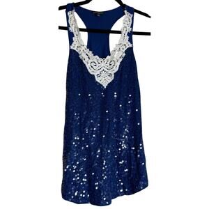 Express Tank Top Blouse Women Small Modal Blue Sequin Sleeveless Lace Nautical